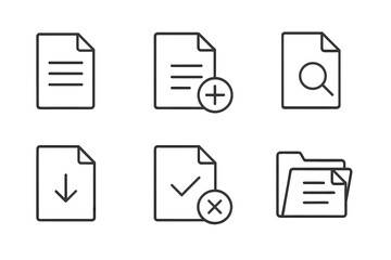 Document and file management line icon set. Vector icons for web and mobile apps. Includes search, add, download, approve, reject, and folder symbols. Editable stroke.