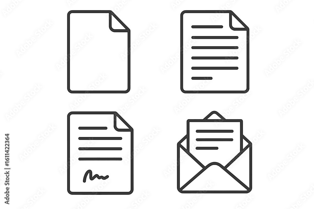 Poster document and file line icon set. thin line vector icons. includes blank paper sheet, signed contract