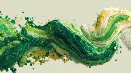 Abstract splash of green, yellow, and white paint forming a swirling wave motion on a soft beige background, symbolizing motion and fluid energy - Powered by Adobe