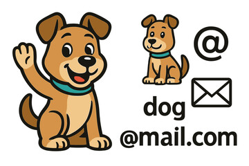 Friendly dog mascot character set with email icons. Waving puppy illustration for contact us page or web design. Cute pet with @ symbol, envelope, and address. Vector animal.