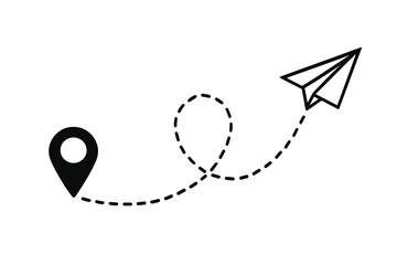 Paper plane flight path starting from location pin. Travel and tourism concept. Airplane route with dotted line. Journey from start point to destination. Navigation icon.