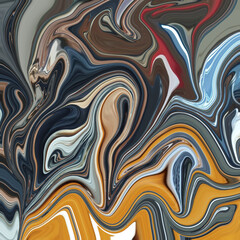 Abstract fluid art with earthy tones and dynamic curves in brown, navy, and orange. Elegant and expressive. Swirl, fluid, earthy, abstract, dynamic.