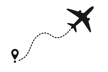 Airplane flight path with location pin. Travel route from start point to destination. Aircraft journey concept. Dotted line track of a plane. Vector navigation icon.