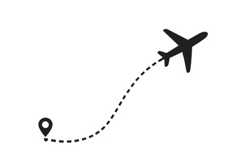 Airplane flight path with location pin. Travel route concept with a dotted line. Aircraft journey and destination track. Airline navigation icon silhouette vector graphic.
