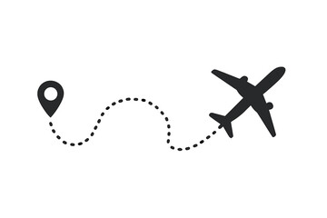 Airplane flight path with location pin icon. Plane flying along a dotted line route from a start point. Travel, journey, and destination concept. GPS navigation vector graphic.