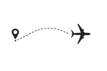 Airplane flight path route with location pin. Start point and destination line trace. Travel, journey, and vacation concept. Aircraft tracking on map vector icon.