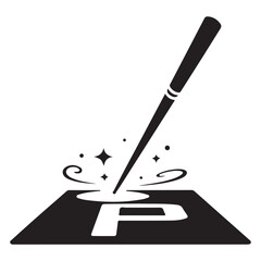 A black and white graphic of a wand over a letter p on a square
