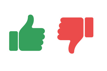 Thumb up and thumb down flat icons. Like and dislike green and red buttons. Concept of positive and negative feedback, voting, approval and disapproval. Yes and no choice.