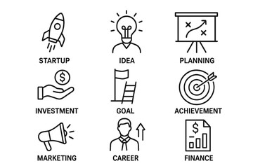Startup launch and business growth vector icon set. Outline icons for idea, planning, investment, goal, achievement, marketing, career, and finance. Simple line symbols.