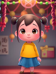 A cartoon character with a pink skin tone wearing a yellow top and blue skirt, standing under colorful festive decorations.