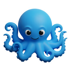 3D cute blue octopus icon with eight curled tentacles on transparent background