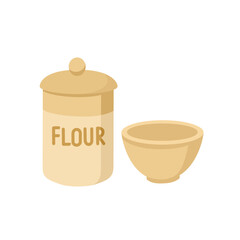 Flour Jar and Mixing Bowl. Flat Vector Illustration