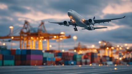 Cargo plane with open ramp flying past massive warehouse complex, containers neatly arranged on asphalt, silhouettes of cranes in the distance, logistics hub humming with activity
