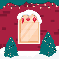 Vector Christmas scene in front of a red brick wall with a window, On both sides of the window are two green Christmas trees decorated with garlands with yellow lights.