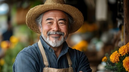 Fototapeta premium Gentle faced elderly Japanese farmer with a warm smile and kind eyes