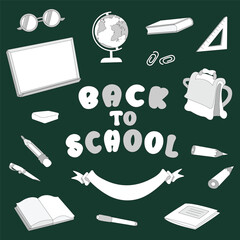 Vector set of school subjects in white on a green background, back to school.