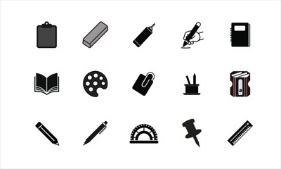Collection of school and art supplies icons isolated on white background