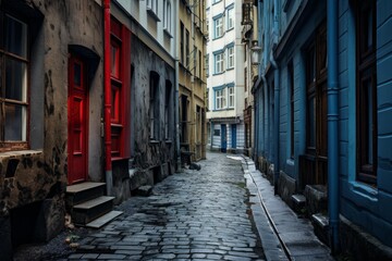 Fototapeta premium Empty alley with cobblestone pavement and colorful buildings showing urban decay in a european city