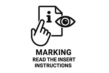 Product Packaging Safety Icon – Hand Pointing at Information Leaflet with Eye Symbol, “Read Instructions Before Use” Marking for Consumer Goods Compliance, Black Outline Vector Illustration