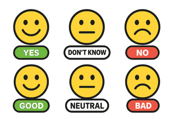 Fototapeta premium Feedback emoji icons set. Smiley face rating scale with yes no don't know good neutral bad emotions. Customer satisfaction survey evaluation emoticon pack. UX UI vector isolated.