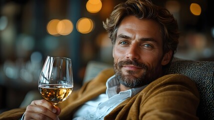 Sophisticated businessman contemplatively holding a glass of liquor