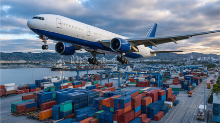 Powerful cargo aircraft flies over complex intermodal logistics center, massive containers arranged with precision, transport vehicles and warehouse facilities stretch into the dis