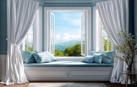 A tranquil bay window seat with plush teal cushions overlooks a breathtaking mountain vista.