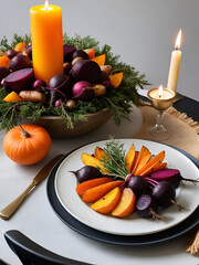 Cozy autumn table setting with roasted beets root vegetables and a lit candle creating a warm and inviting seasonal meal presentation