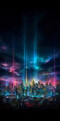 Obraz premium A vibrant digital painting of a futuristic city skyline at night, illuminated by neon lights and powerful energy beams shooting from the sky.