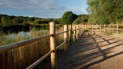 Obraz premium Serene pathway lined with wooden fencing, surrounded by lush greenery and tranquil water body. scene captures beauty of nature, inviting peaceful walks and reflection