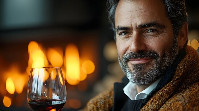 Sophisticated businessman sipping wine by a warm fireplace