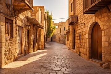 Warm sunlight illuminates a picturesque, empty alley lined with traditional stone buildings in a historic middle eastern city