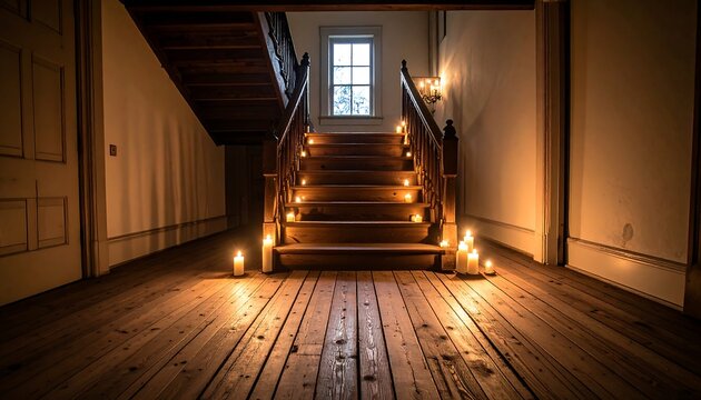 A dimly lit wooden staircase