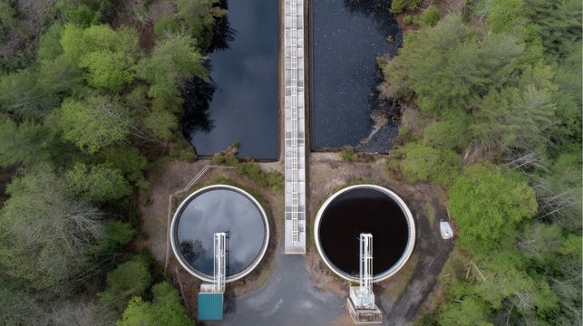Aerial view of two large tanks, one containing untreated waste and other treated waste, surrounded by lush greenery. scene highlights contrast between two water treatments, showcasing