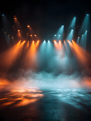 Fototapeta premium Dynamic stage lighting with orange and blue beams creating dramatic atmosphere