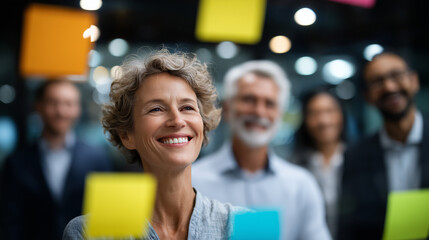 Modern business team brainstorming around a glass table, colorful post-it notes scattered, diverse faces illuminated by natural light