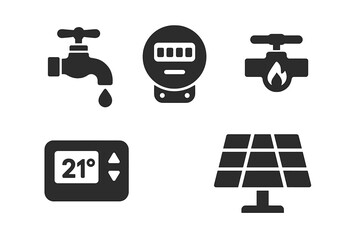 Home utilities icon set vector &ndash; solid filled silhouettes of water tap with drop, electric smart meter, gas valve with flame, digital thermostat 21&deg;C, solar photovoltaic panel for UI