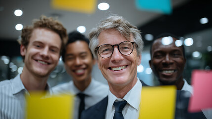 Modern business team brainstorming around a glass table, colorful post-it notes scattered, diverse faces illuminated by natural light