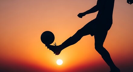 Silhouette of a person skillfully juggling a soccer ball against a vibrant sunset sky, showcasing athletic prowess and a passion for the sport.