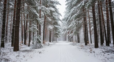 Snowy Path Through a Winter Forest, Peaceful and Serene Winter Wonderland Landscape