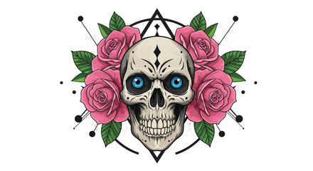 Illustration featuring a skull with vibrant blue eyes and pink roses decoration