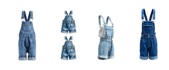 A collection of denim overalls in various styles and sizes, perfect for casual and trendy fashion isolated on transparent background