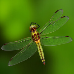 PNG cut out isolated background. A detailed top view of a green darner dragonfly, highlighting its elongated green body, large compound eyes, and intricately veined transparent wings.