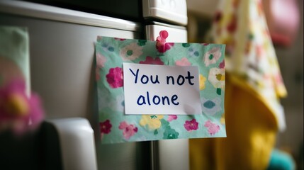 You not alone support note pinned to fridge, conveying message of encouragement and connection. colorful background adds cheerful touch to kitchen setting