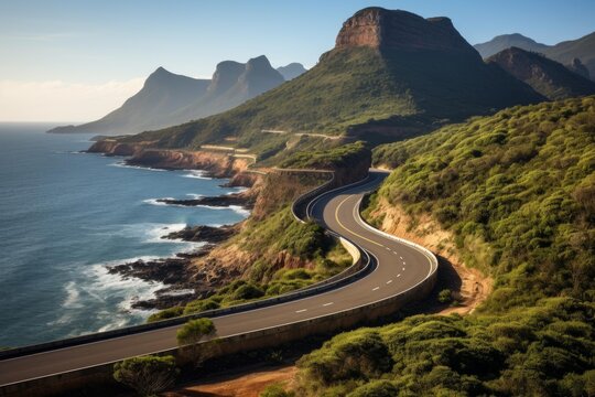 Breathtaking coastal road winds through lush green landscape, offering stunning views of the ocean and mountains