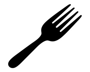 Isolated black silhouette of a standard fourpronged fork against a white backdrop