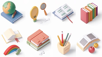 Modern 3D Education Icons Set for E-Learning Platforms, Digital Course Materials, and Interactive Educational Applications