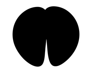 Black graphic of a cow or deer hoof print on white background