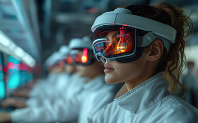 Female engineer in futuristic VR glasses, automation control in modern factory laboratory, technology, including interactive screens and digital workstations. Concept industrial revolution.