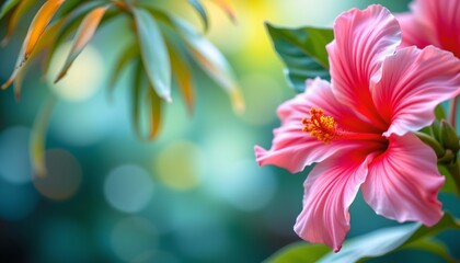 a serene tropical setting with vibrant pink hibiscus flowers in full bloom against a soft focused background of lush greenery, suggesting a warm climate and a peaceful outdoor environment